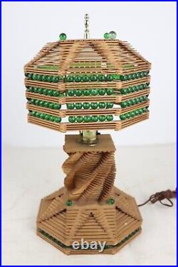 Vintage Tramp Art 1970's Popsicle Stick Glass Marble Spiral Table Lamp Works