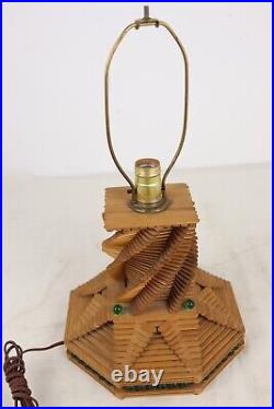 Vintage Tramp Art 1970's Popsicle Stick Glass Marble Spiral Table Lamp Works
