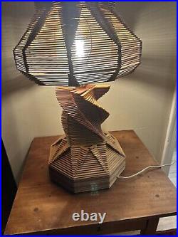 Vintage Tramp Folk Art Wood Popsicle Stick Table Lamp Spiral Base Handmade MCM