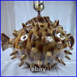 Vintage Unique Art Table Lamp Glazed Ceramic Blowfish Spikes Style Table Lamp