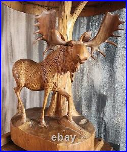 Vintage primitive wooden hand carved 1950s moose lamp wood shade by Andre Dube