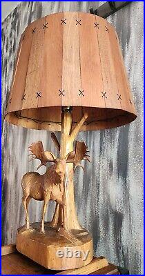 Vintage primitive wooden hand carved 1950s moose lamp wood shade by Andre Dube