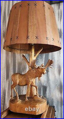 Vintage primitive wooden hand carved 1950s moose lamp wood shade by Andre Dube