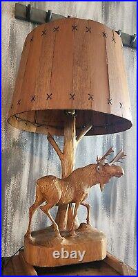 Vintage primitive wooden hand carved 1950s moose lamp wood shade by Andre Dube