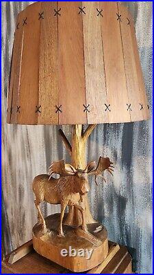 Vintage primitive wooden hand carved 1950s moose lamp wood shade by Andre Dube