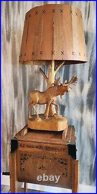 Vintage primitive wooden hand carved 1950s moose lamp wood shade by Andre Dube