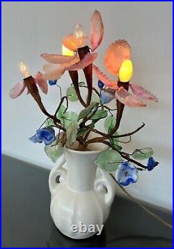 Vtg 1930s lamp light white art pottery glass flowers leaves Art Deco RumRill