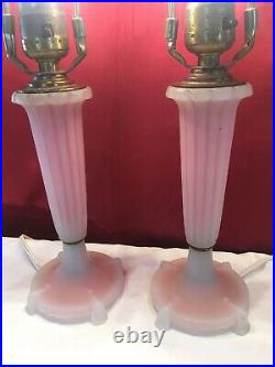 Vtg 30s Art Deco Boudoir Bed Side Table Nightstand Glass Lamps Rose Pink Pair
