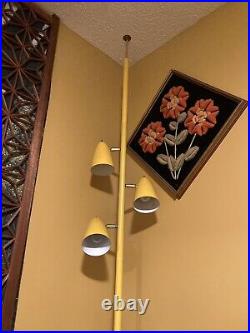 Vtg 3 Light Tension Pole Floor Lamp Atomic Yellow Cone Shades Art Deco MCM