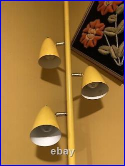 Vtg 3 Light Tension Pole Floor Lamp Atomic Yellow Cone Shades Art Deco MCM