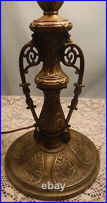 Vtg Antique Art Nouveau 16 Panel Curved Slag Glass Filigree Overlay Table Lamp