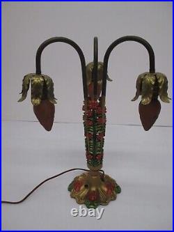 Vtg Antique Victorian Art Nouveau Table Lamp Light Fixture 3 Arm Painted Floral