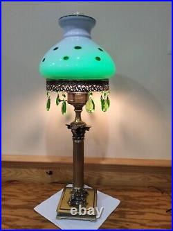 Vtg Art Deco Brass Cased Emerald Green Shade Table Lamp Parlor Banquet Tall