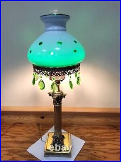 Vtg Art Deco Brass Cased Emerald Green Shade Table Lamp Parlor Banquet Tall