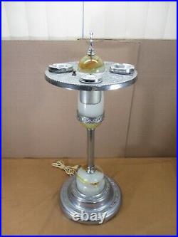 Vtg Art Deco Chrome Tobacco Smoking Stand Ash Tray Slag Glass 3-Way Lamp 27.5