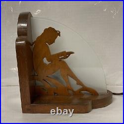Vtg Art Deco Craftsman Lamp Lady Reading Silhouette Fretwork Pierced Wood Glass