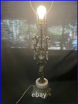 Vtg Art Deco Hollywood Regency Brass Torchiere Lamp Cherub Prisms Crystals