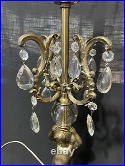 Vtg Art Deco Hollywood Regency Brass Torchiere Lamp Cherub Prisms Crystals