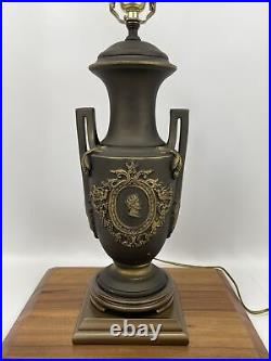 Vtg Art Deco Neoclassical Table Lamp Greek Roman Trophy Urn Gold Black Coin Head