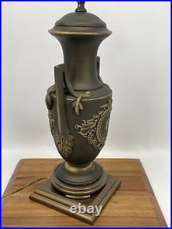 Vtg Art Deco Neoclassical Table Lamp Greek Roman Trophy Urn Gold Black Coin Head