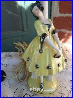 Vtg Art Deco Porcelain Germany Lady Harlequin Dresser Doll Figurine Boudoir Lamp