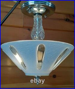 Vtg Art Deco Retro Blue Glass Ceiling Light/Lamp Fixture, Semi Flush