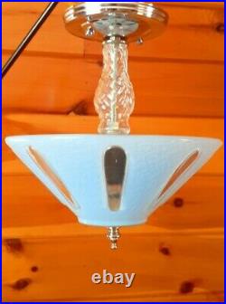 Vtg Art Deco Retro Blue Glass Ceiling Light/Lamp Fixture, Semi Flush