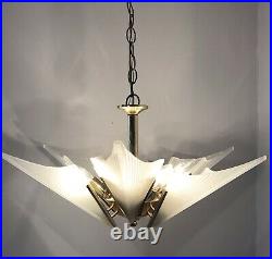 Vtg Art Deco Slip Shade Hanging 6 Light Fixture Chandelier Brass Ribbed Glass