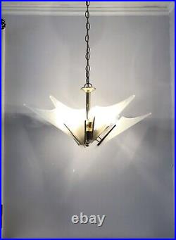 Vtg Art Deco Slip Shade Hanging 6 Light Fixture Chandelier Brass Ribbed Glass