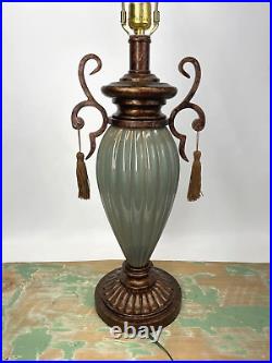Vtg Art Deco Style Large Urn Table Lamp Sage Green Gold Tassels 1920s 1930s 1940
