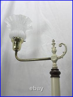 Vtg Art Deco Victorian Style Bridge Floor Lamp Ivory / White, Fluted Glass Shade