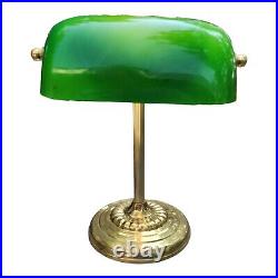Vtg Bankers Lamp Emerald Green Glass Brass Library Lawyer Desk Light Art Deco