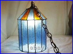 Vtg Blue Stained Leaded Glass Ceiling Swag Lamp Light Hanging Mid Century FrShip