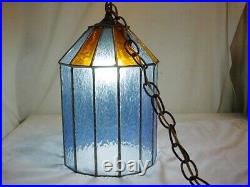 Vtg Blue Stained Leaded Glass Ceiling Swag Lamp Light Hanging Mid Century FrShip