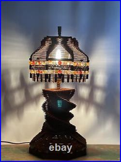 Vtg Boho Table Lamp Handmade Tramp Folk Art Popsicle Stick Marbles Prison Signed