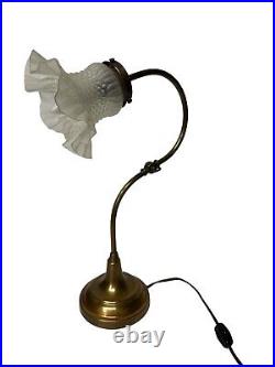 Vtg Brass 1930's Art Nouveau Table Desk Piano Lamp With Elegant Glass Shade 15