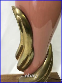 Vtg CHAPMAN 80s Art Deco Table Lamp Pink Salmon Ceramic Gold Brass Flames Swirls