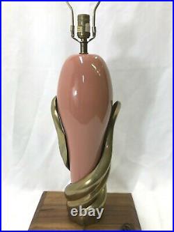 Vtg CHAPMAN 80s Art Deco Table Lamp Pink Salmon Ceramic Gold Brass Flames Swirls