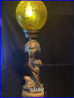 Vtg Cast Metal Art Deco Nouveau Figural Woman Yellow Crackle Glass Globe Lamp