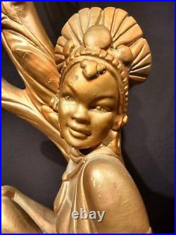 Vtg Chalkware Lamp Nubian Princess Statue Art Deco African Goddess Mythology