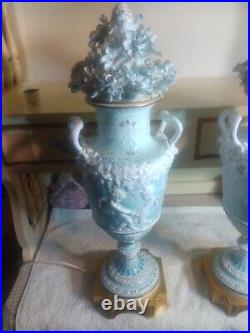Vtg Ciche Art Porcelain Putti Figural Urn Lamps Fab Floral Lids, Scenes MUST SEE