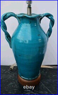 Vtg Double Handled Table Lamp Art Pottery Turquiose Blue Ceramic 28 Urn Trophy