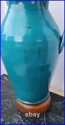 Vtg Double Handled Table Lamp Art Pottery Turquiose Blue Ceramic 28 Urn Trophy
