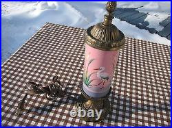Vtg Enamel Glass Stork / Egret / Heron Hand Painted Art Deco Lamp