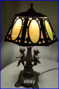 Vtg FRS Embossed 8 Panel Metal Lamp Cast Bronze Cherubs Parlor Art Nouveau 19
