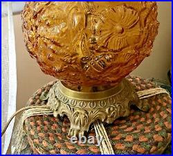 Vtg Fenton Art Glassware Gwtw Style Amber Globe 3 Way Table Lamp Poppy 1969