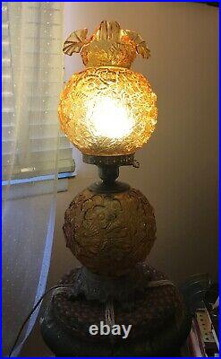 Vtg Fenton Art Glassware Gwtw Style Amber Globe 3 Way Table Lamp Poppy 1969