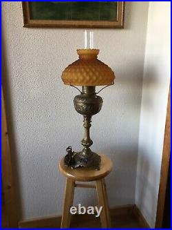 Vtg GWTW Art Nouveau Brass Oil Lamp, Electrified, Amber 9 1/2 Quilted Shade