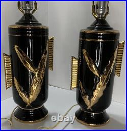 Vtg Glamour Lamps Pair Art Deco / MCM Hollywood Regency Black Gold Original