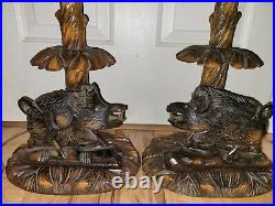 Vtg. Lot of 2 RHON SEPP carved wooden lamp pair Boars wired for USA Folk art